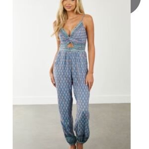 Blue Printed Women's Jumpsuit with Spaghetti Straps
